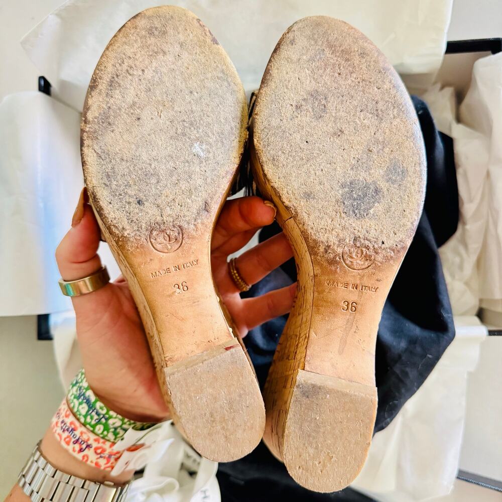 CHANEL Black White Stripe Canvas CC Logo Tan Beige Cork Wedge Sandal Slides 36 - Picture 5 of 16